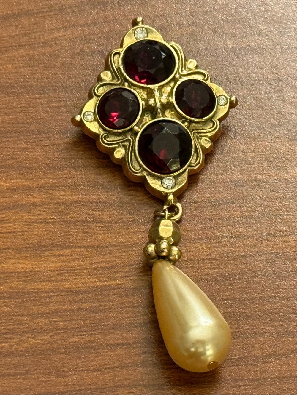 Vintage 1928 Red Cabochons with Pearl Drop Pin Brooch